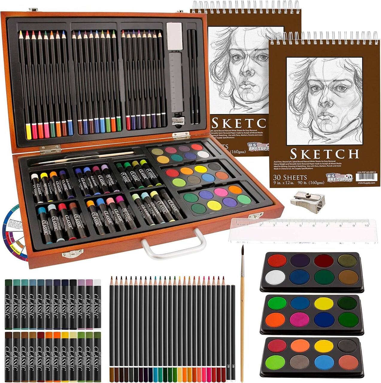 84-Piece Deluxe Artist Studio Creativity Set Wood Box Case - Art Painting, Drawing, 2 Sketch Pads, 24 Watercolor Paint Colors, 24 Oil Pastels, 24 Colored Pencils, 2 Brush, and Starter Kit